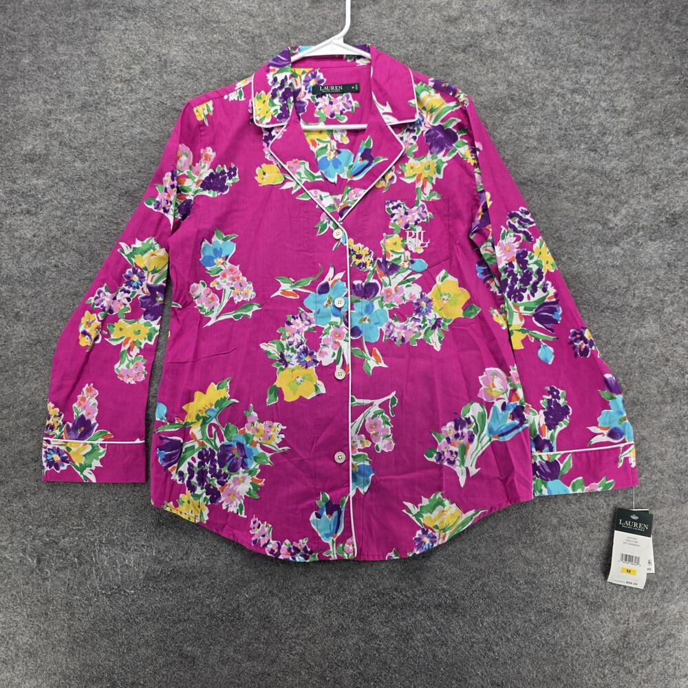 Lauren Ralph Lauren Pajama Top Womens M Pink Floral Viscose Collared Button